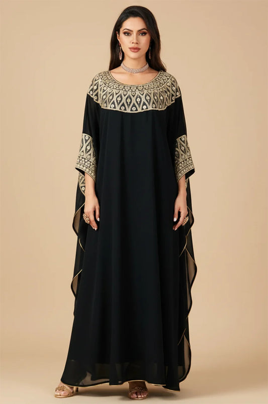Front view of Aliya black kaftan with gold neck embroidery.
