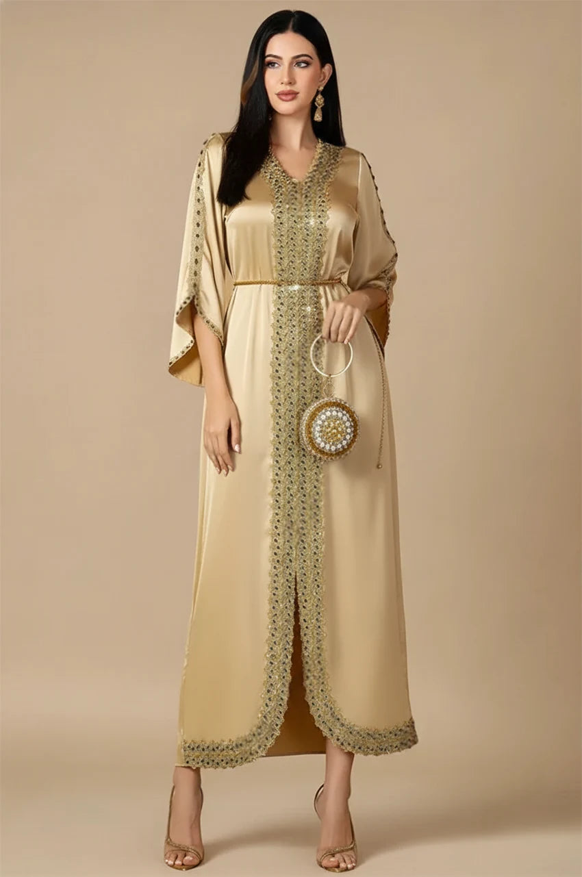 Front studio view of Almira champagne kaftan with embellished front panel