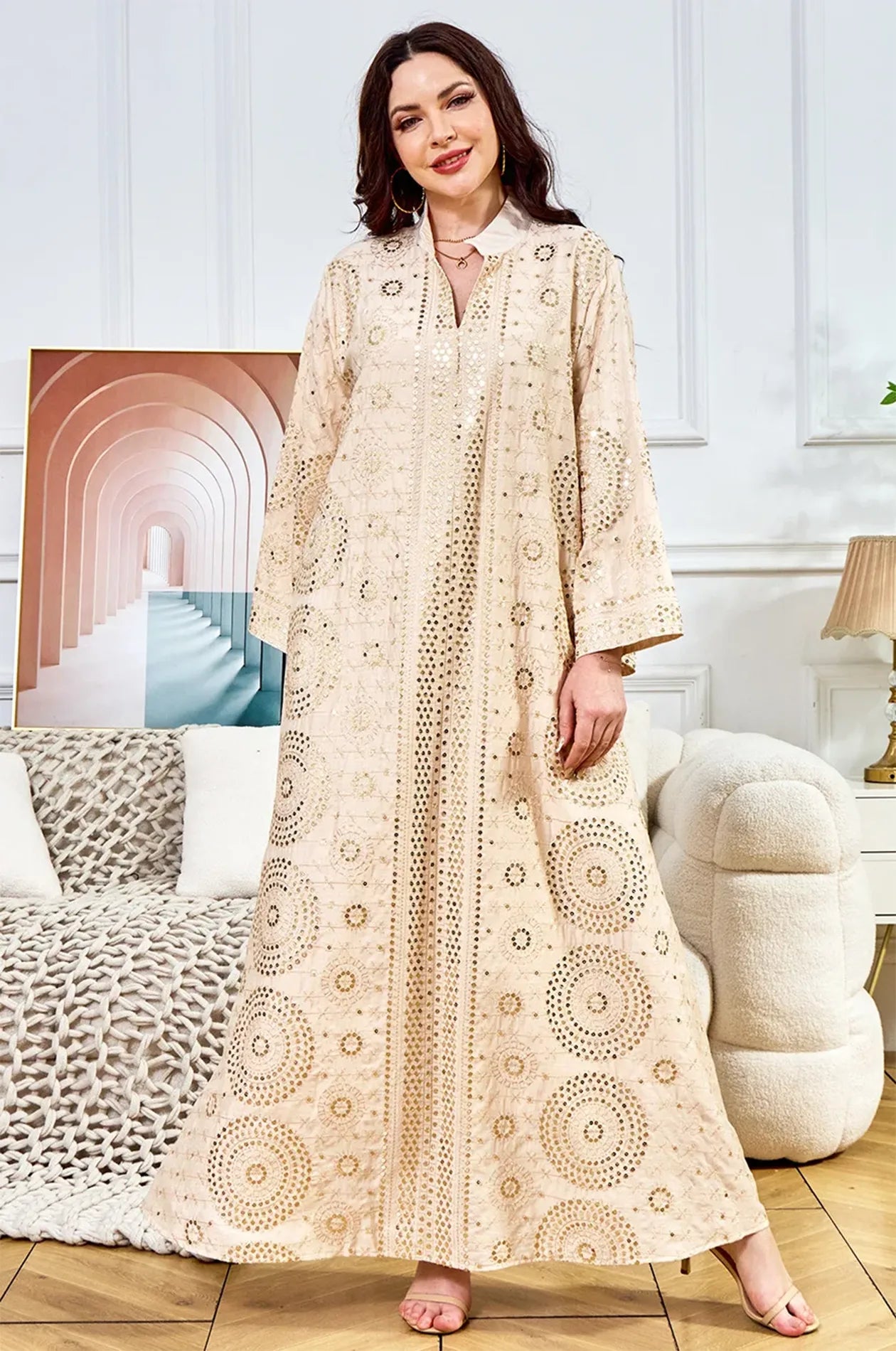 Elegant front display of the Aluna beige mirror kaftan, an ideal choice for a modest wedding or party outfit.