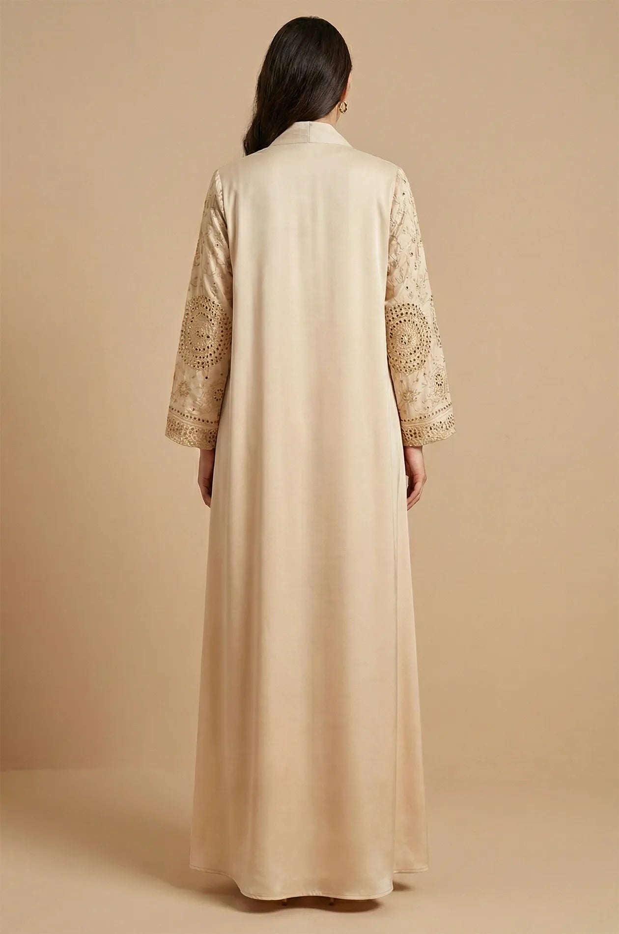 Back view of the Aluna beige mirror kaftan showing the modest floor-length silhouette and smooth fabric finish.