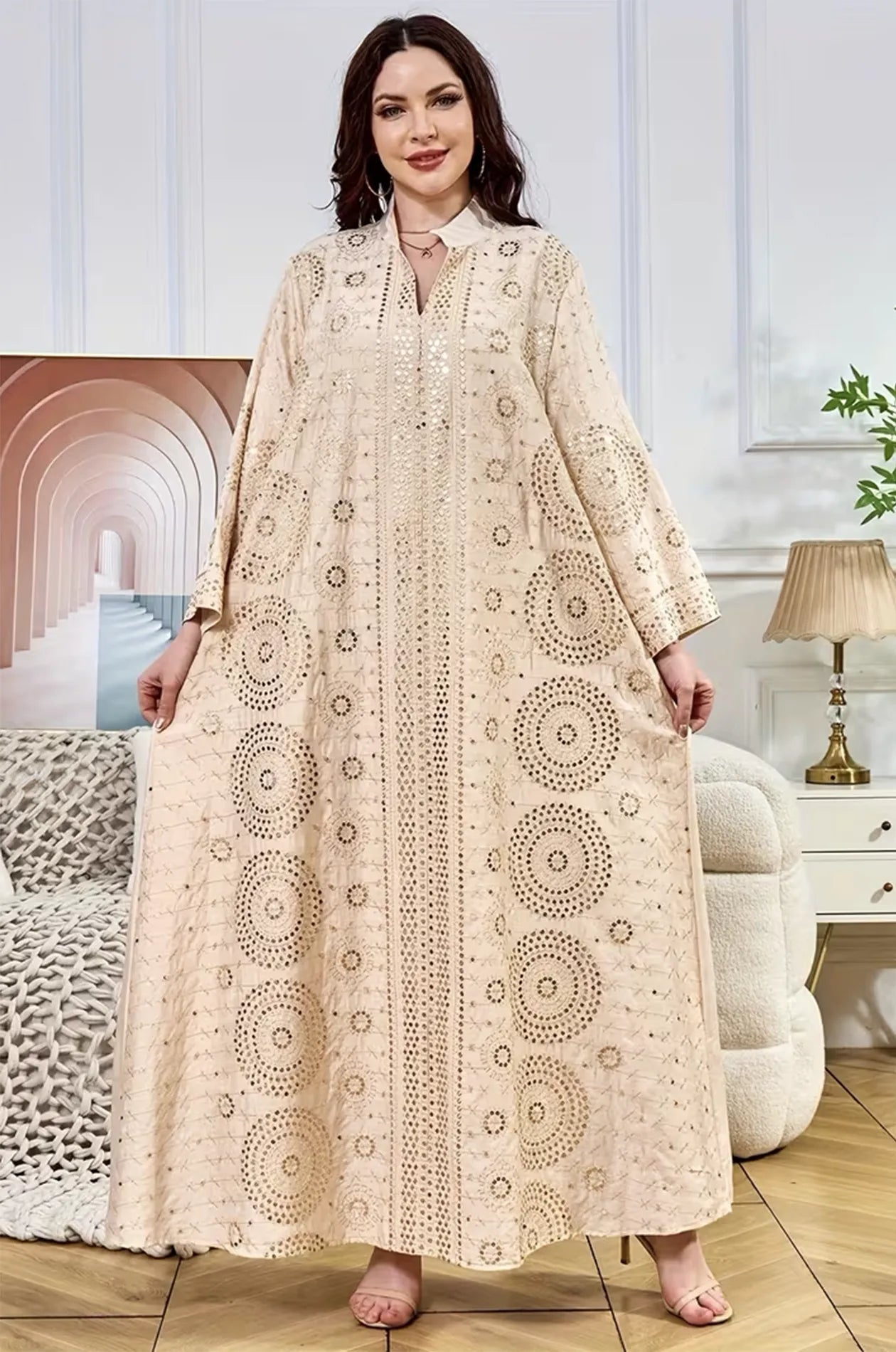 Full-length shot of the Aluna beige mirror kaftan featuring shimmering geometric reflective patterns for formal events.