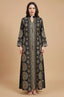 Formal studio front view of the Aluna black mirror kaftan with high-contrast gold geometric embroidery.