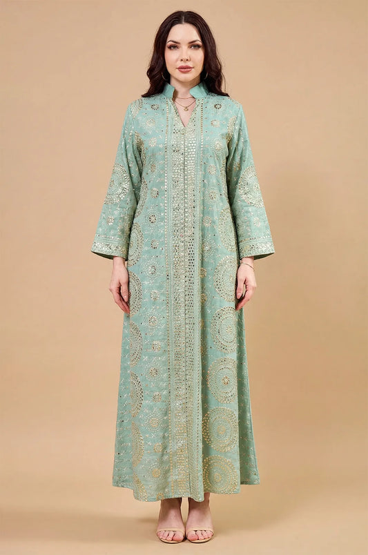Studio front view of the Aluna light green mirror kaftan by Naylara with traditional geometric reflective patterns.