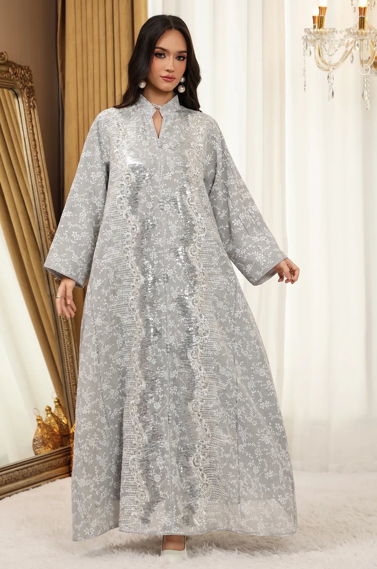 High-fashion gray Alura Shimmer Kaftan showing how the sequin embellishments catch the light.