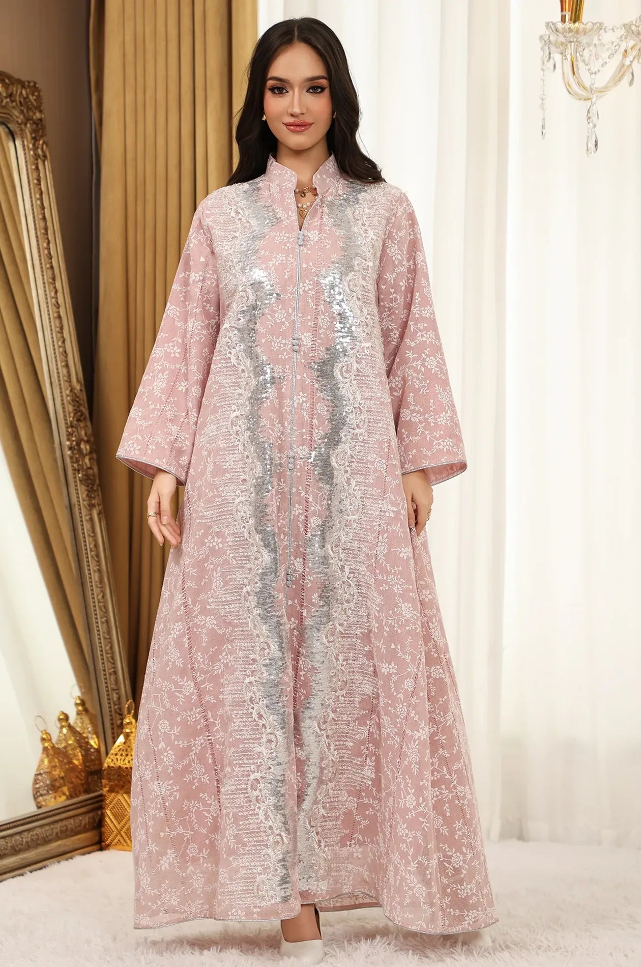 Elegant front shot of the Alura pink shimmer kaftan in a luxury interior setting, perfect for wedding or party occasions.