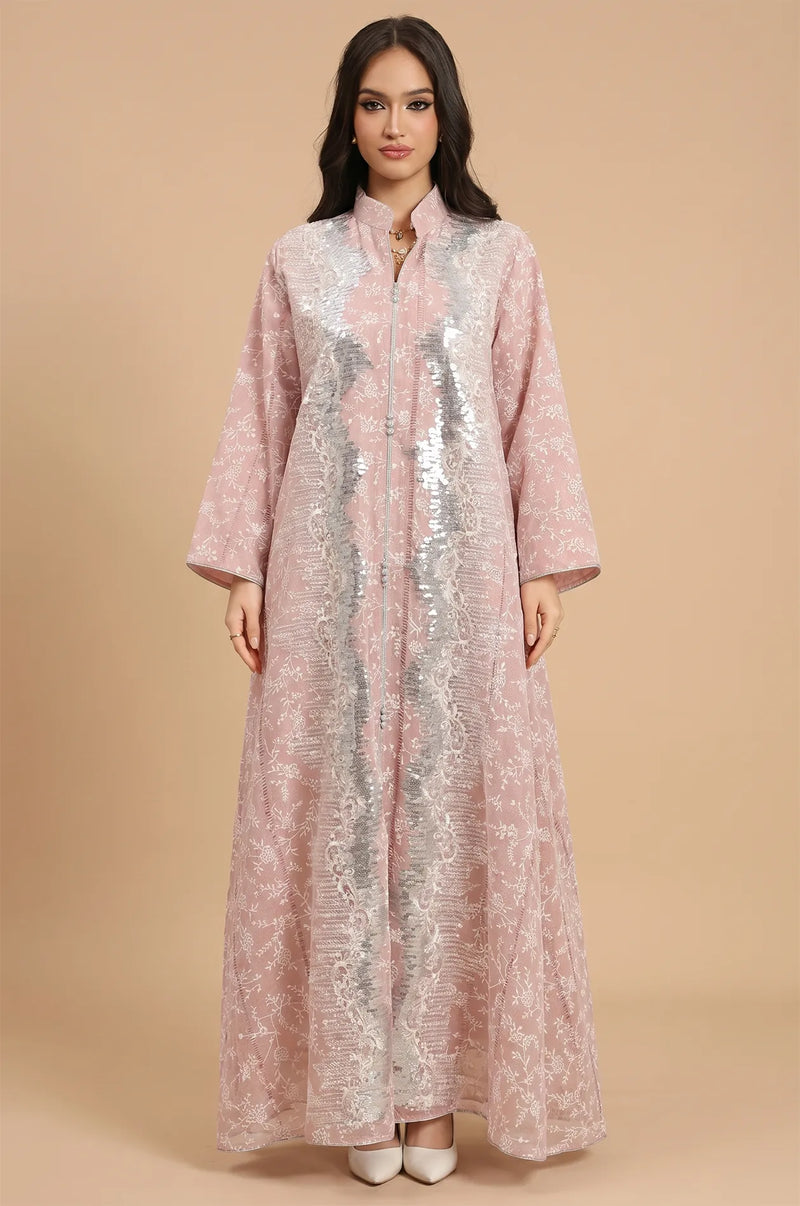 Full-length front view of the Alura shimmer kaftan in blush pink with silver floral embroidery on a neutral background.