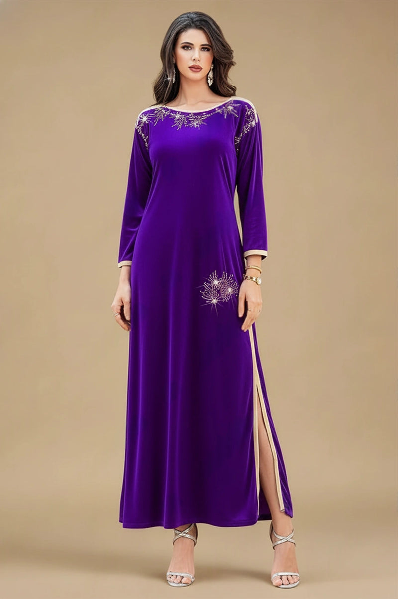Purple velvet Pakistani kaftan Amina β full front view with crystal embroidery and gold trim