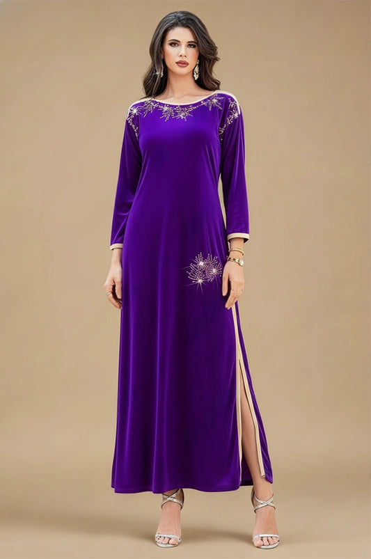 Purple velvet Pakistani kaftan Amina – full front view with crystal embroidery and gold trim
