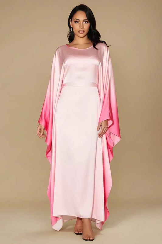 Front view of Auressa Butterfly Kaftan in Pink ombre satin with elegant flowing sleeves