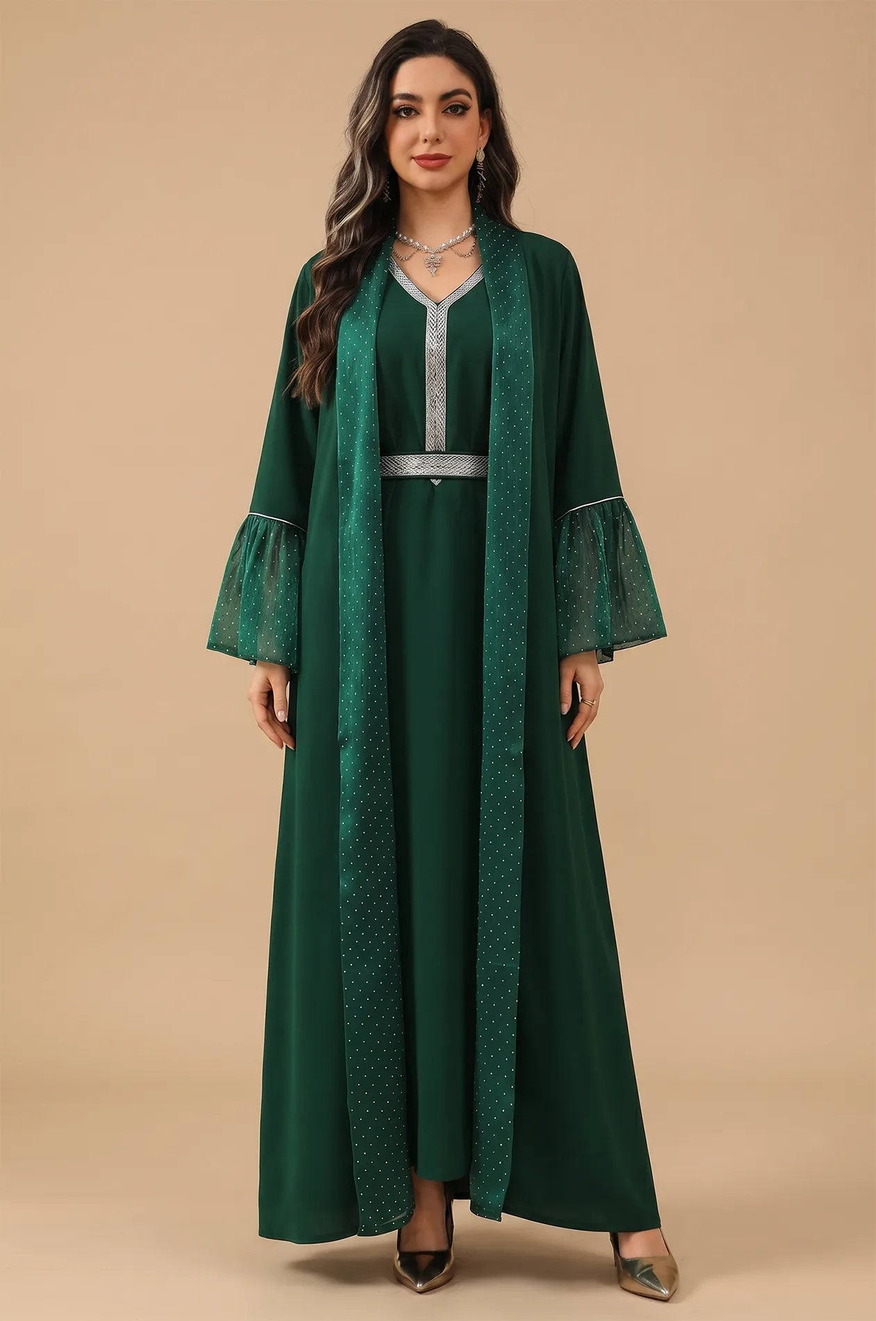 Auris Ruffle Cuffs Solid Color Kaftan in Green