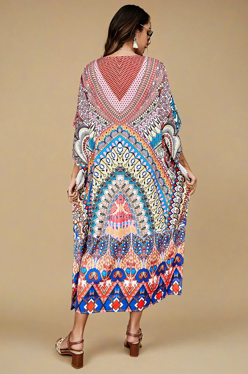 Studio back view of Avani kaftan indiano with Indiano inspired design