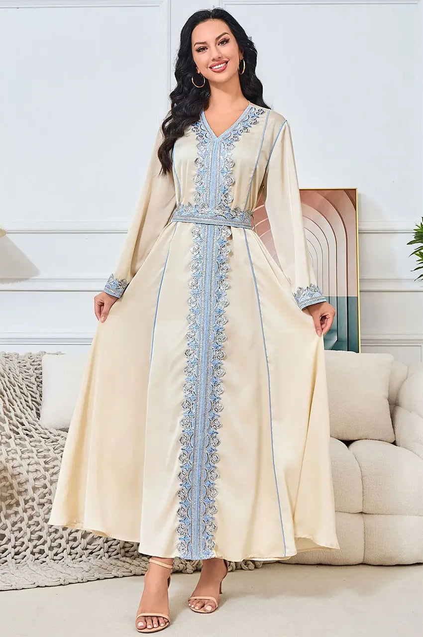 Full-length shot of Ayana long satin kaftan for Moroccan wedding guest wear.