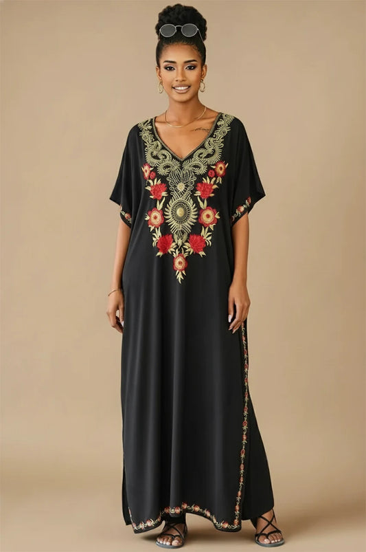 Aylen black bohemian embroidered kaftan front view with detailed floral embroidery