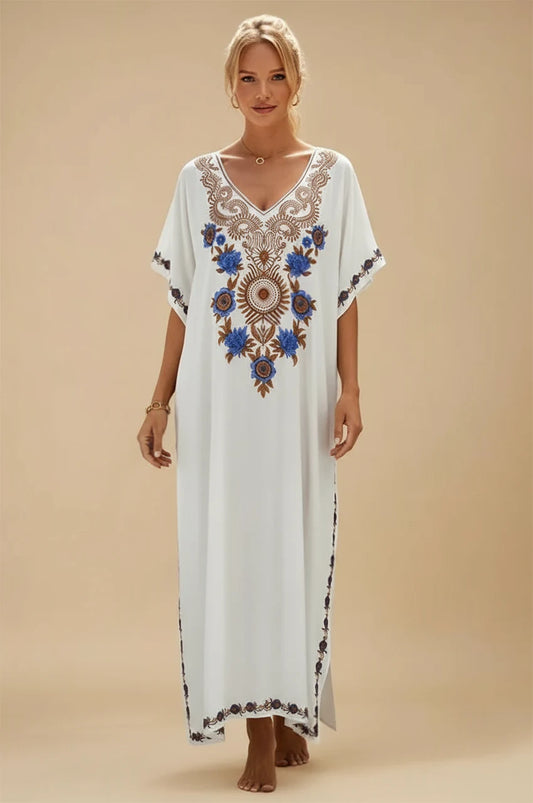 Aylen white bohemian embroidered kaftan full front view with blue and gold embroidery