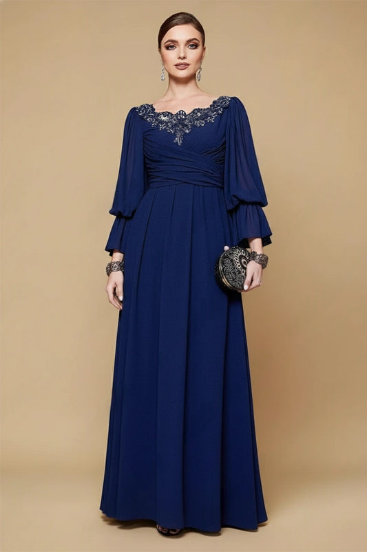 Elegant navy blue kaftan dress with draped bodice and flowing skirt