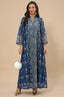 Full front view of the Azari navy chiffon kaftan maxi dress featuring golden floral motifs and a white pearl ball clutch.