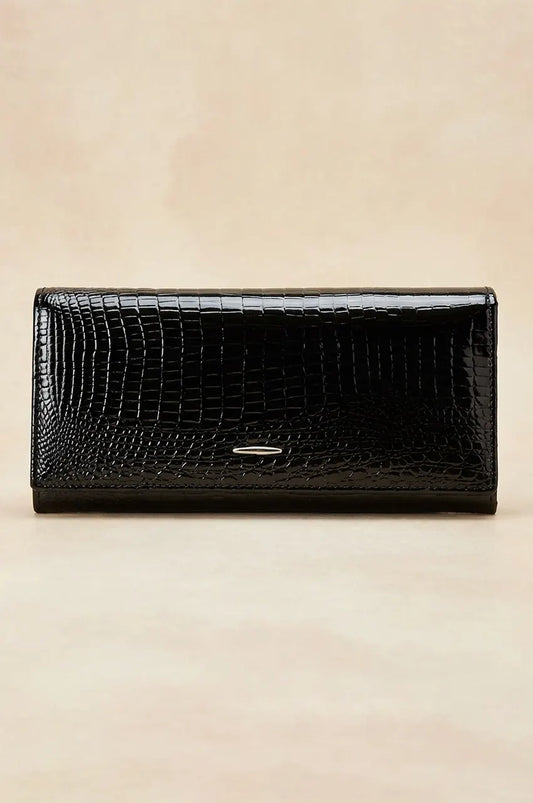 Front view of the classic black glossy crocodile embossed wallet clutch for evening use.