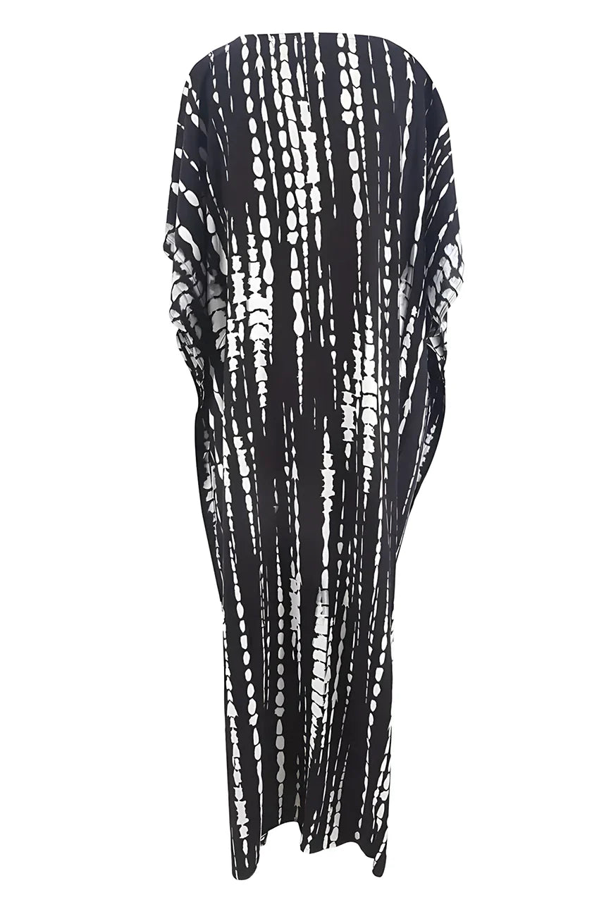 Back view of Sahra Black Tie Dye Kaftan showcasing handcrafted monochrome pattern