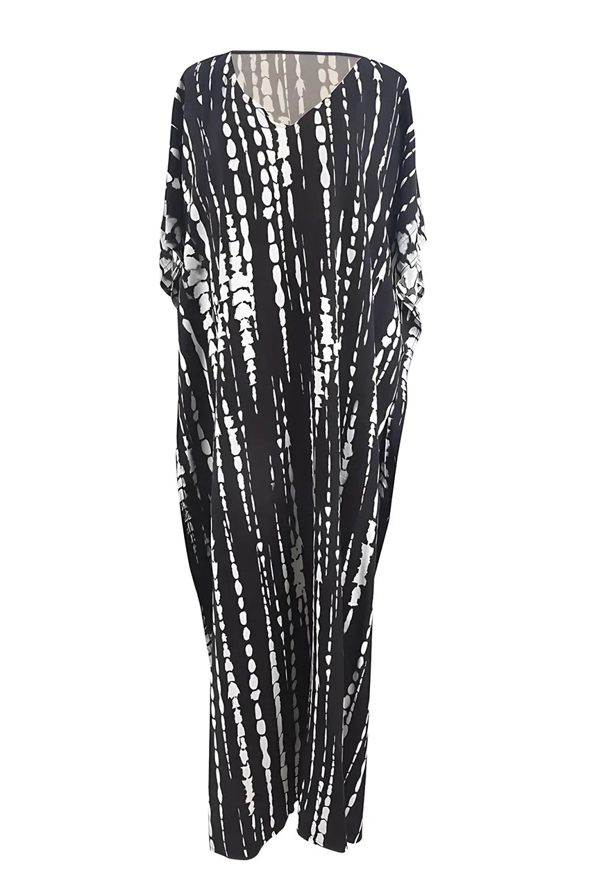 Front view of Sahra Black Tie Dye Kaftan with minimalist bohemian silhouette