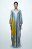 Full length front view of blue boho beach kaftan with kimono sleeves and gradient print