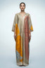 Full length front view of green boho beach kaftan with kimono sleeves and abstract print
