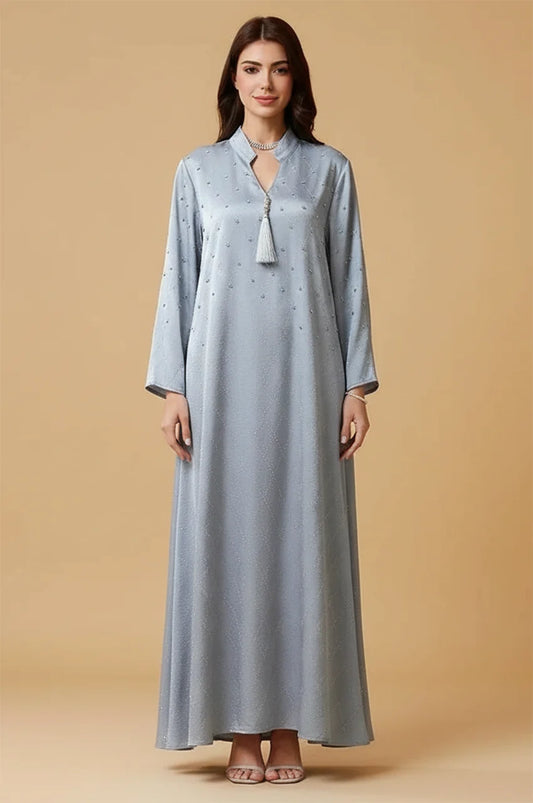 Full length view of Elani lavender gray kaftan showing fluid satin drape and wide sleeves.