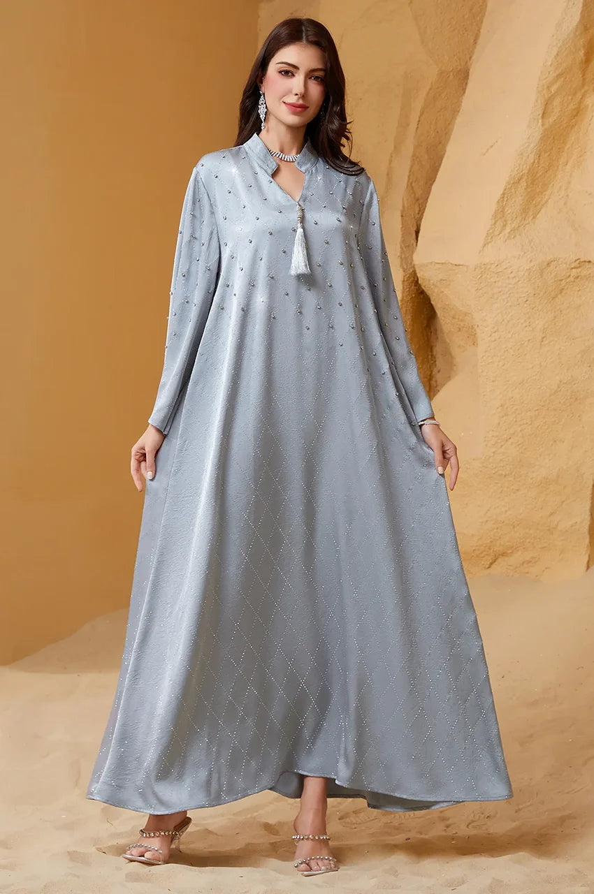 Front view of Elani embellished kaftan dress suitable for formal evening wear.