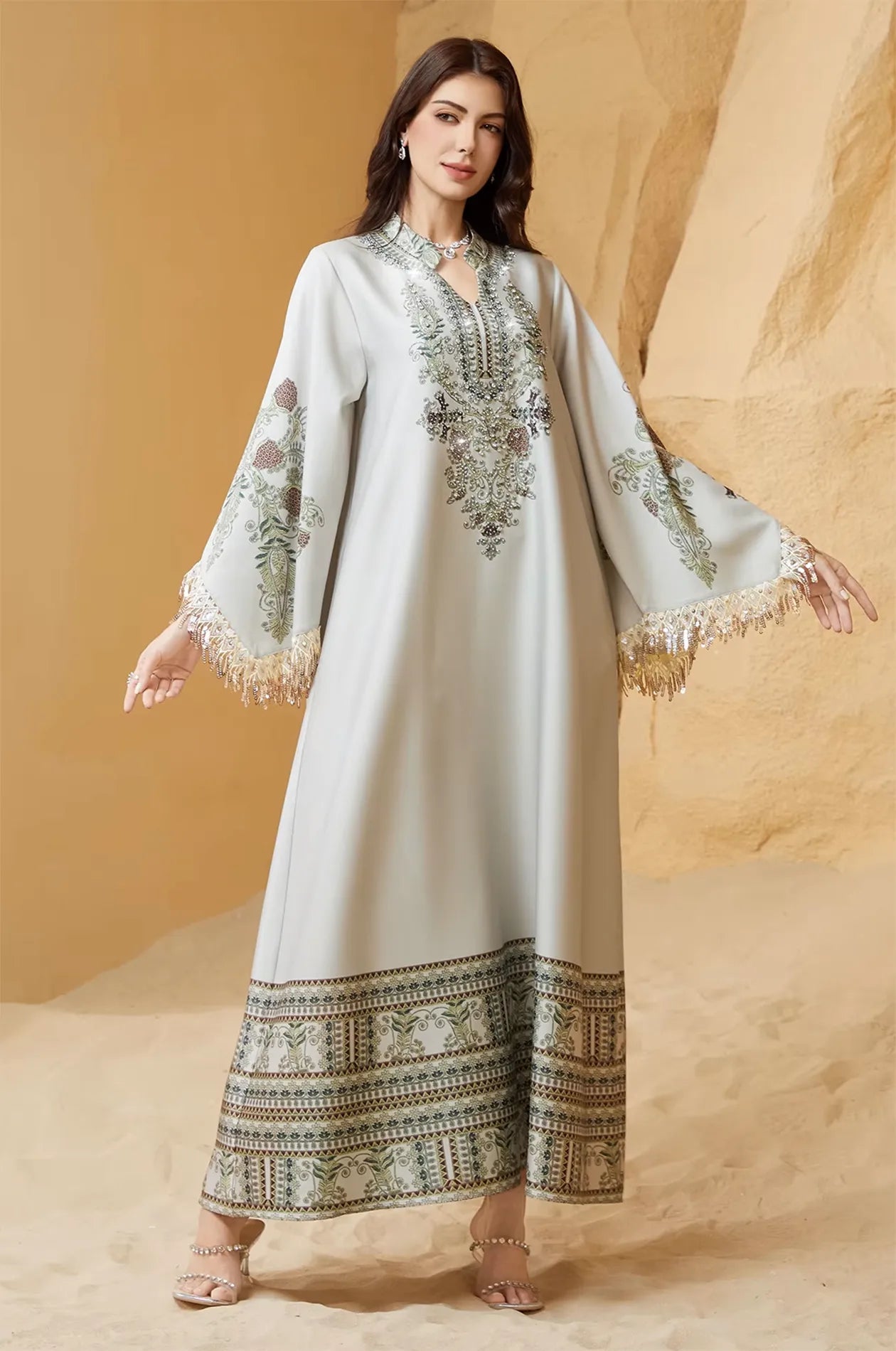 Model wearing Eliah kaftan showcasing the flowy lightweight fabric.