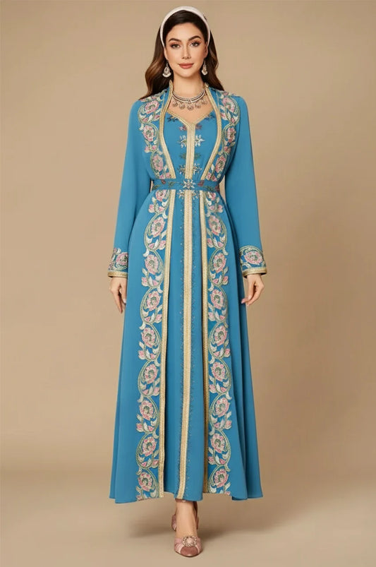 Full front studio view of the 2-piece blue floral kaftan dress set.