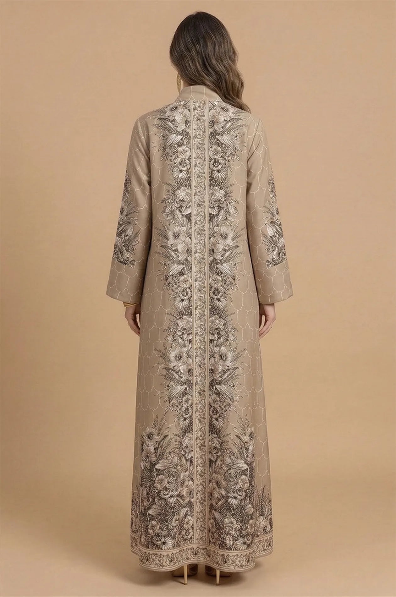Rear view of the Elora Beige traditional Turkish kaftan showing the symmetrical floral spine pattern and geometric lattice.