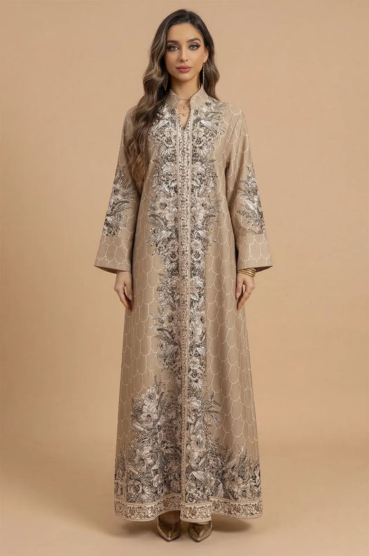 Full-length front view of the Elora Beige traditional Turkish kaftan by Naylara featuring intricate floral embroidery.