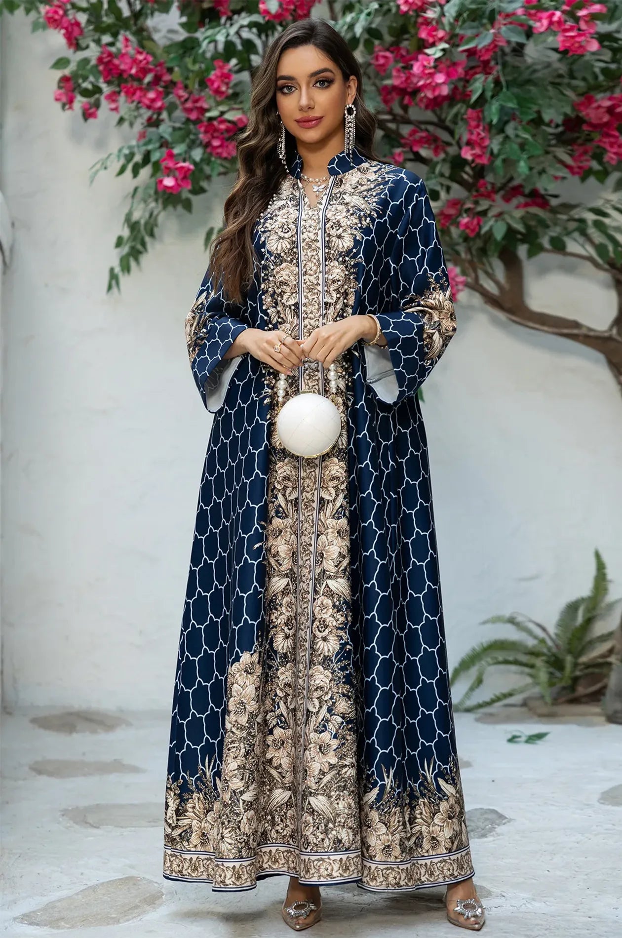 Full frontal view of the Naylara Elora Blue kaftan featuring a high-neck collar and ivory floral placement print.
