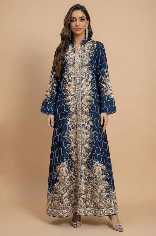 Professional studio portrait of the Elora Blue kaftan on a neutral background, highlighting the A-line cut and flared sleeves.