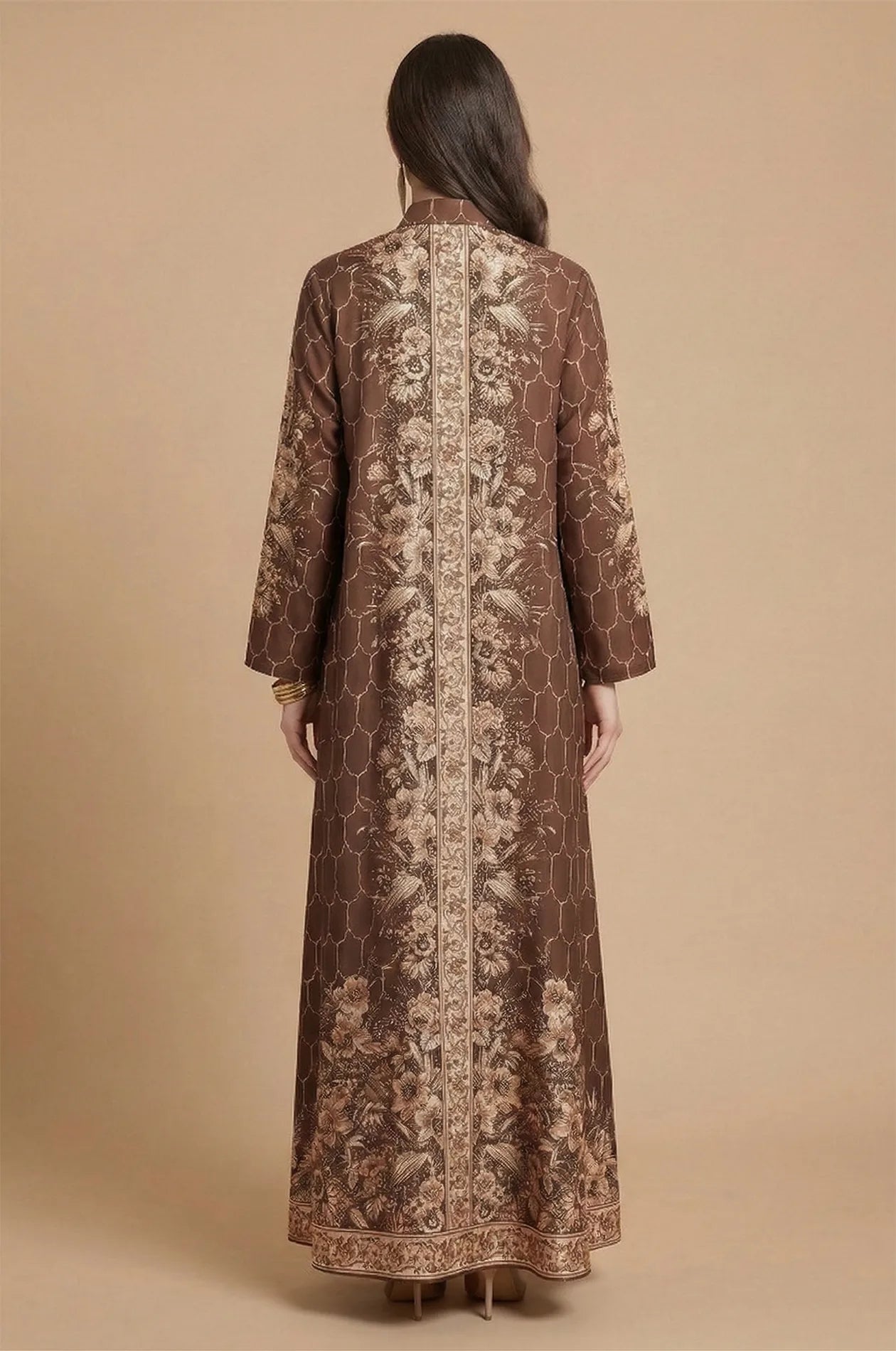 Rear view of the Elora Brown traditional Turkish kaftan by Naylara showing full-length floral embroidery and geometric patterns.