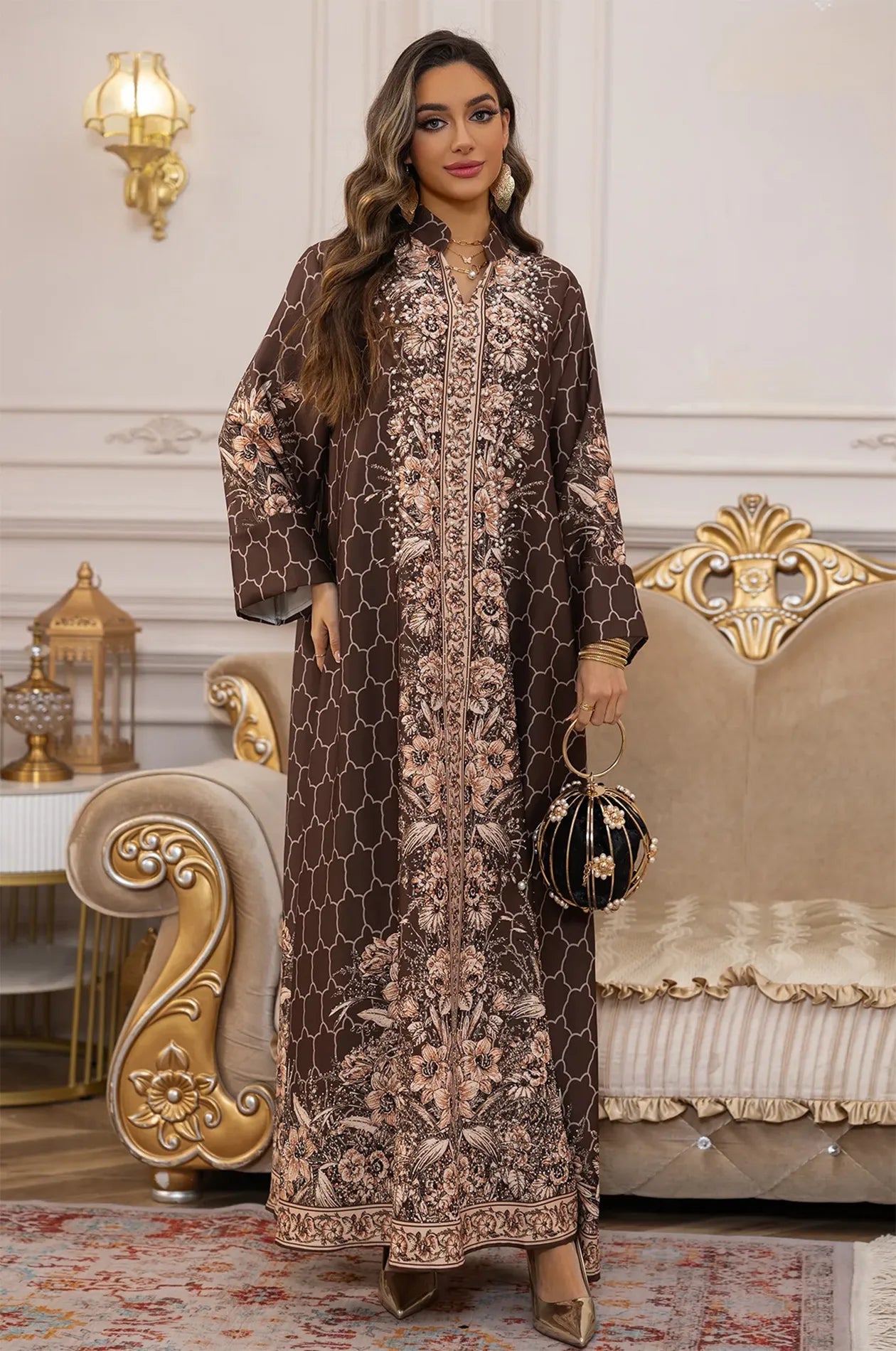 Elegant modest evening gown featuring the Elora Brown traditional Turkish kaftan in a high-end interior setting.