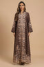 Professional studio portrait of the Naylara Elora Brown kaftan featuring symmetrical floral placement on a chocolate base.