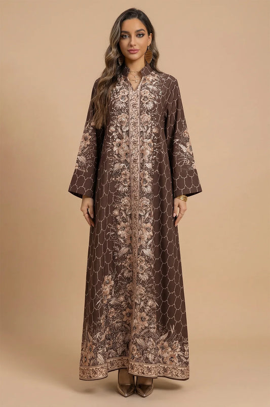 Professional studio portrait of the Naylara Elora Brown kaftan featuring symmetrical floral placement on a chocolate base.