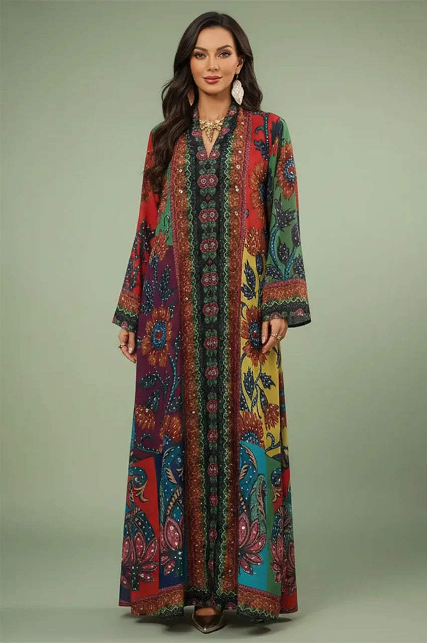 Front view of Fariya multicolor floral patchwork kaftan on a green background.