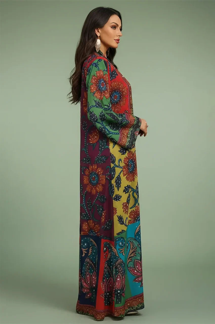 Side profile of the Fariya multicolor kaftan highlighting the dramatic flared sleeves.