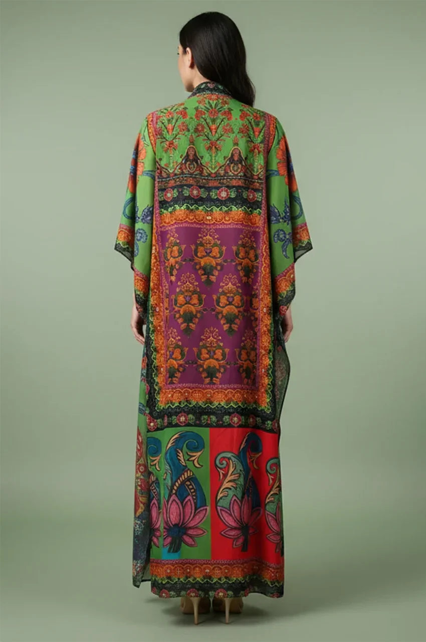 Back view of Fariya colorful kaftan showing the intricate floral and geometric patterns.