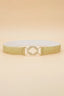 Front view of the gold metallic elastic waist belt with crystal buckle on beige background.
