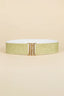 Front view of Naylara gold glitter elastic waist belt featuring a rhinestone interlocking buckle.
