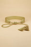 Front view of the gold woven sash belt with braided rope ties knotted in the center.