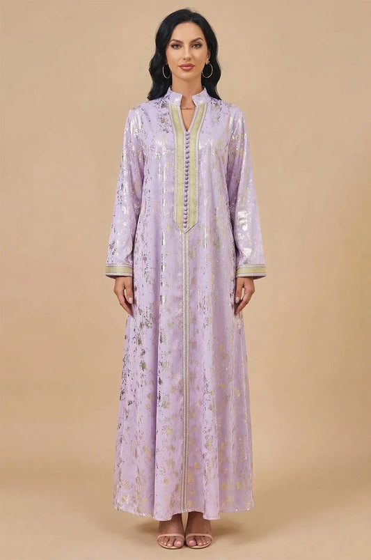 Front view of the Halim lilac and gold glamorous kaftan by Naylara.