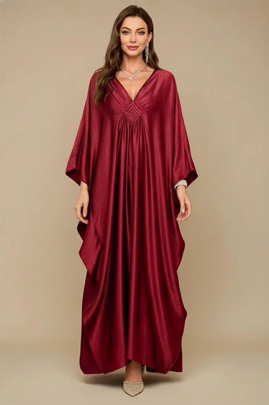 Inara red batwing kaftan front view with V-neckline and elegant draped silhouette