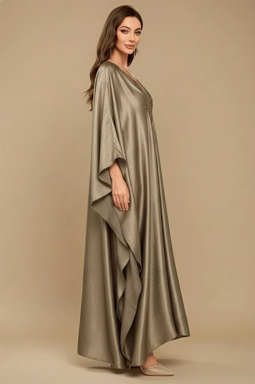 Inara silver batwing kaftan side view showcasing cascading batwing sleeves and flowing silhouette