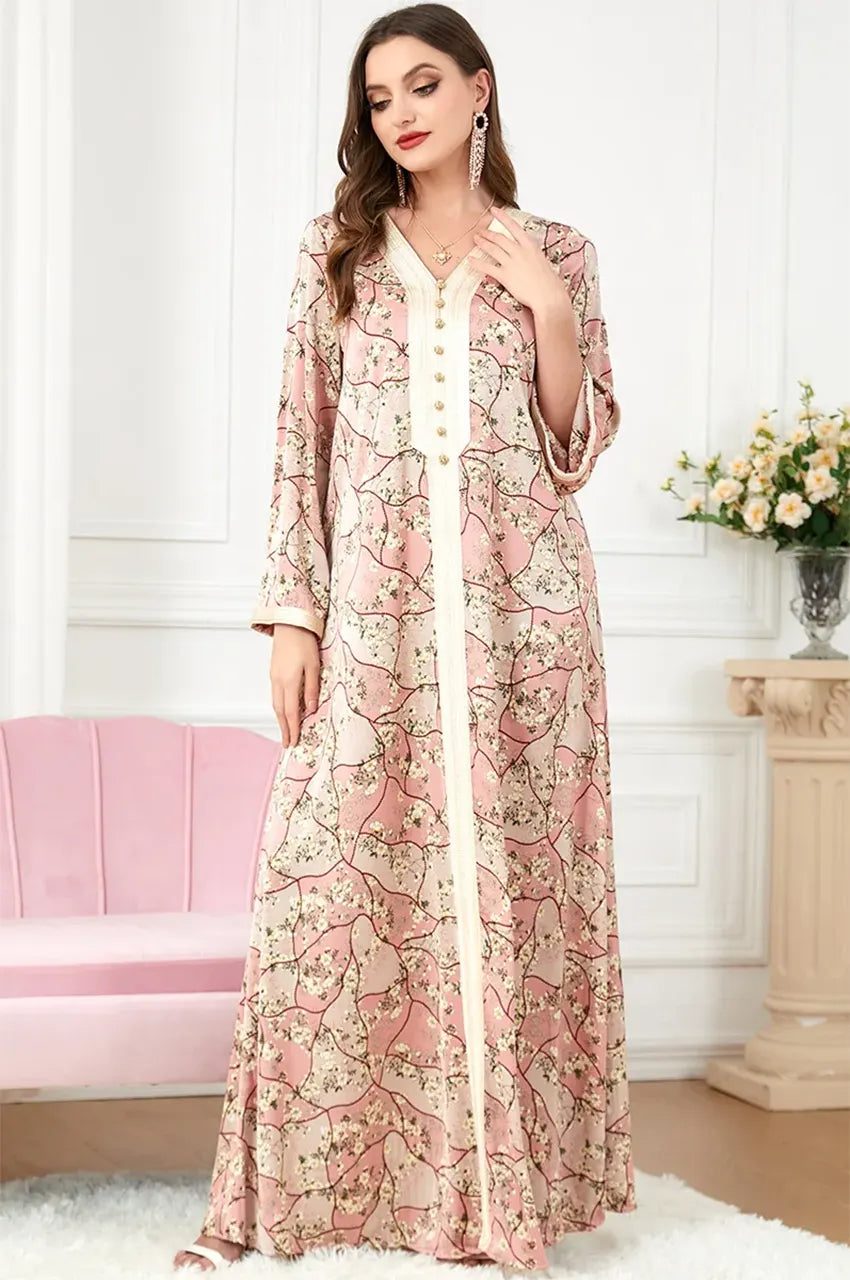 Lifestyle shot of the Isara pink floral kaftan, a perfect choice for modest fashion and elegant daily wear