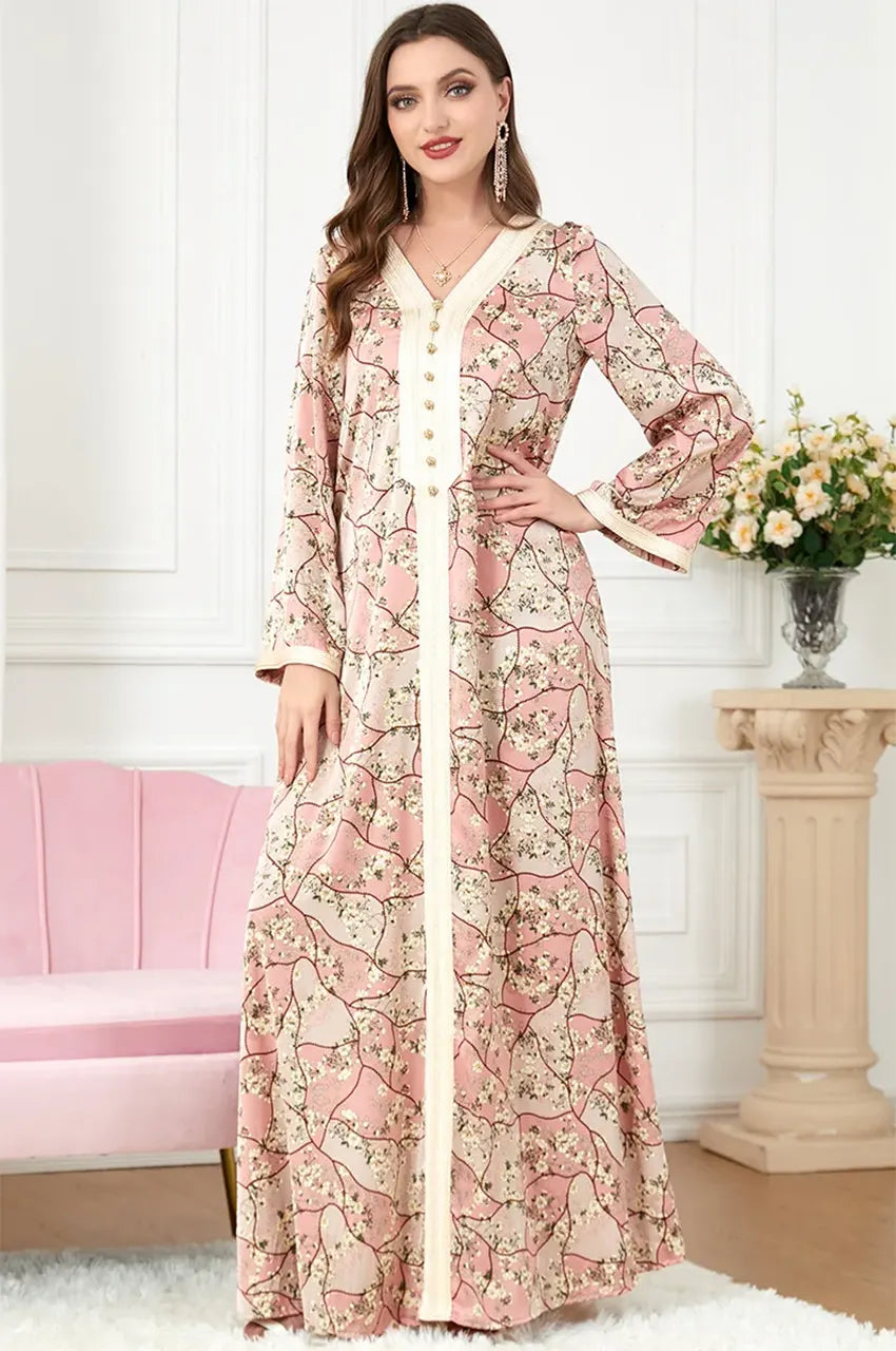 Full-length standing pose of the Isara pink floral print maxi kaftan from Naylara’s casual collection.