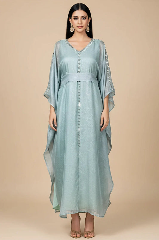 Full front view of Jalya light blue Moroccan kaftan with silver embellishments