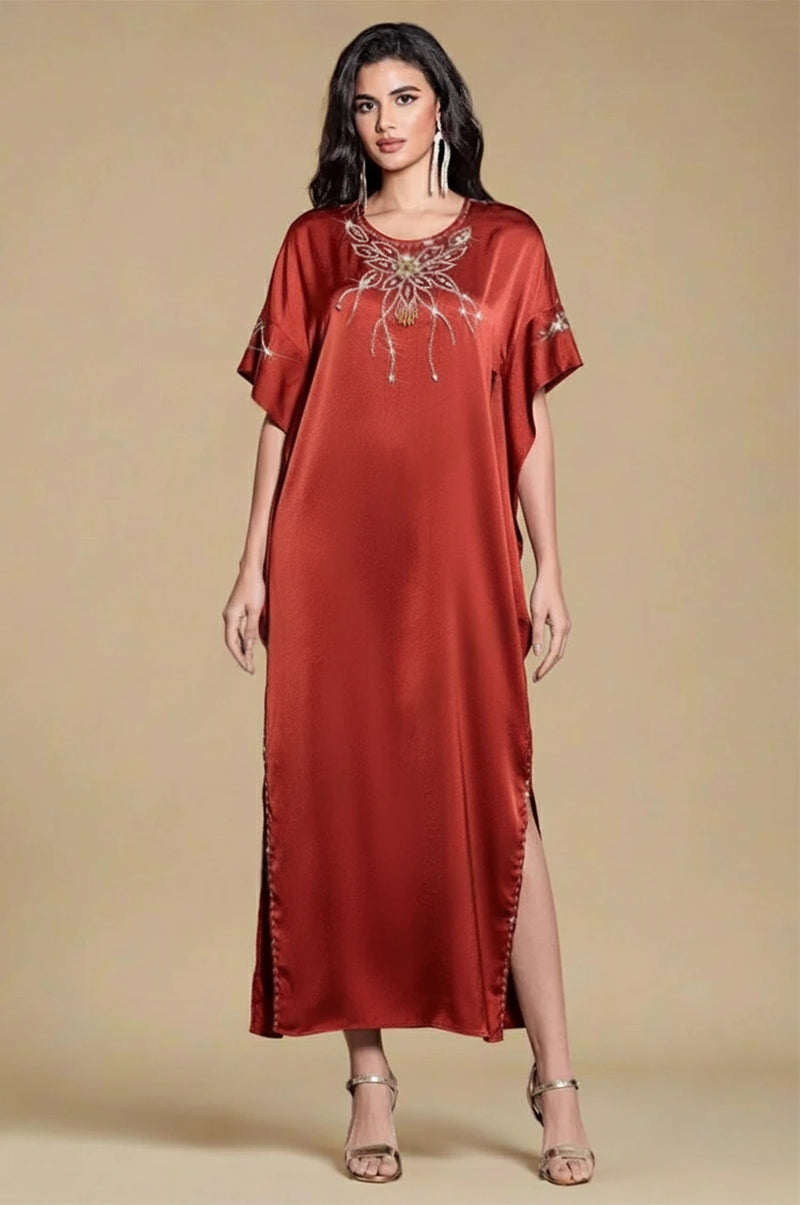 Jasira Burgundy Kaftan front view β satin kaftan with embellished neckline